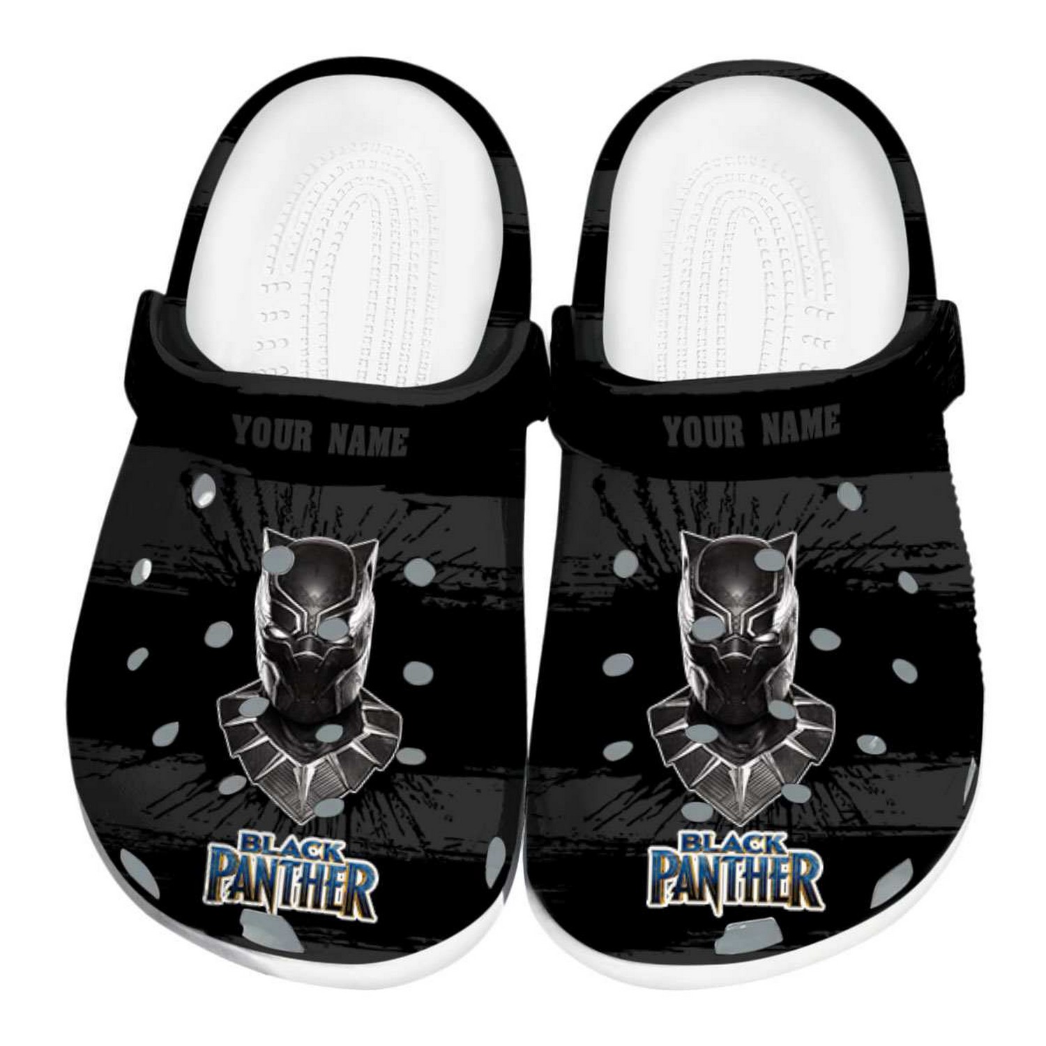 Custom Name Black Panther Paint Splatter Graphics Clogs For Kids And Adults
