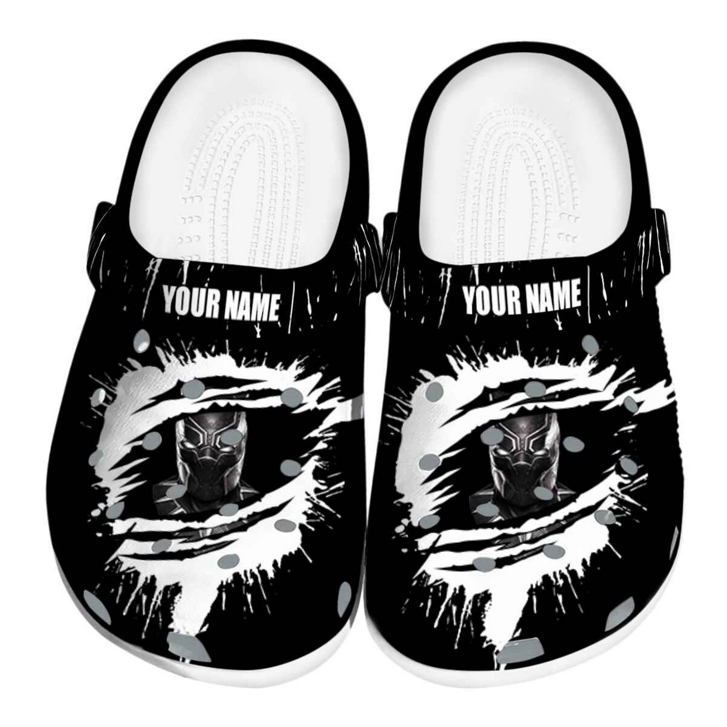 Custom Name Black Panther Splash Motif Background Clogs For Kids And Adults