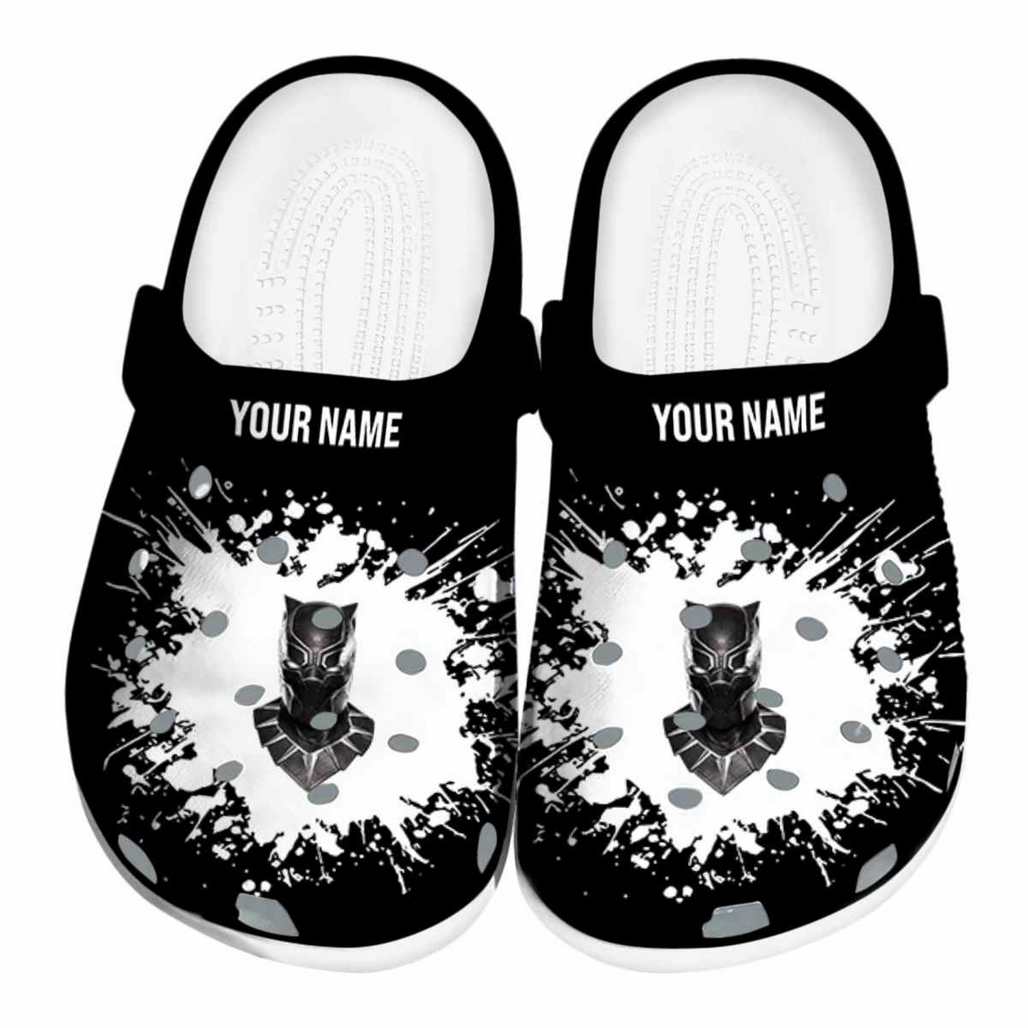 Custom Name Black Panther Splatter Background Clogs For Kids & Adults