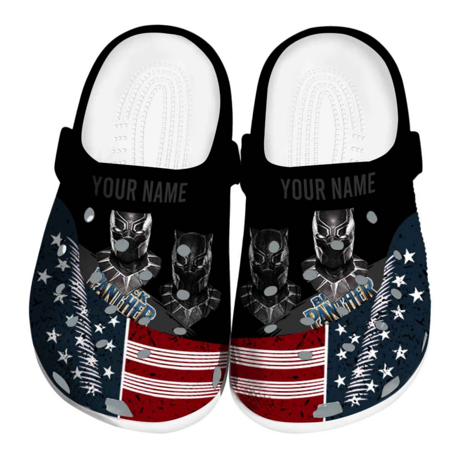 Custom Name Black Panther Star-spangled Side Pattern Clogs For Kids & Adults