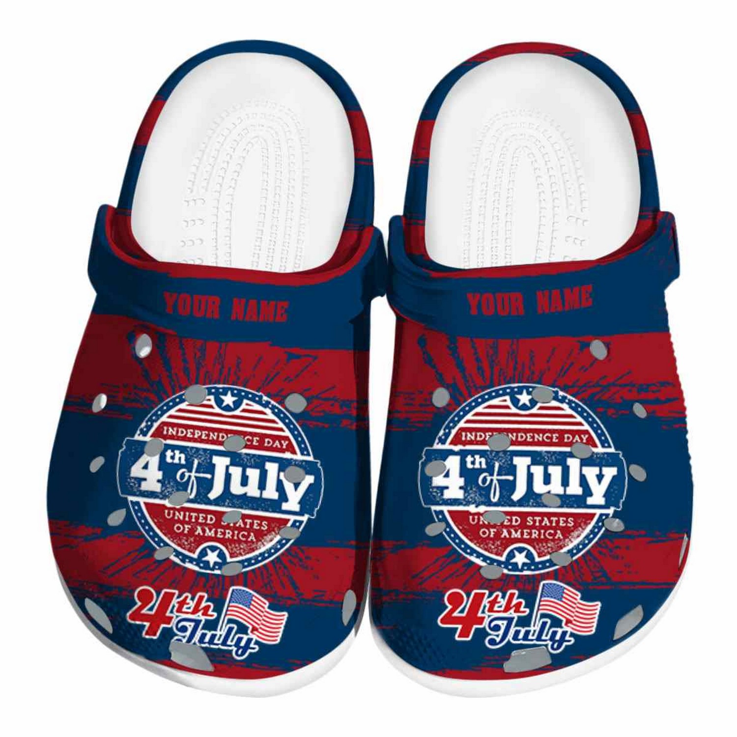 Custom Name Happy Independence Day Paint Splatter Graphics Clogs For Kids & Adults