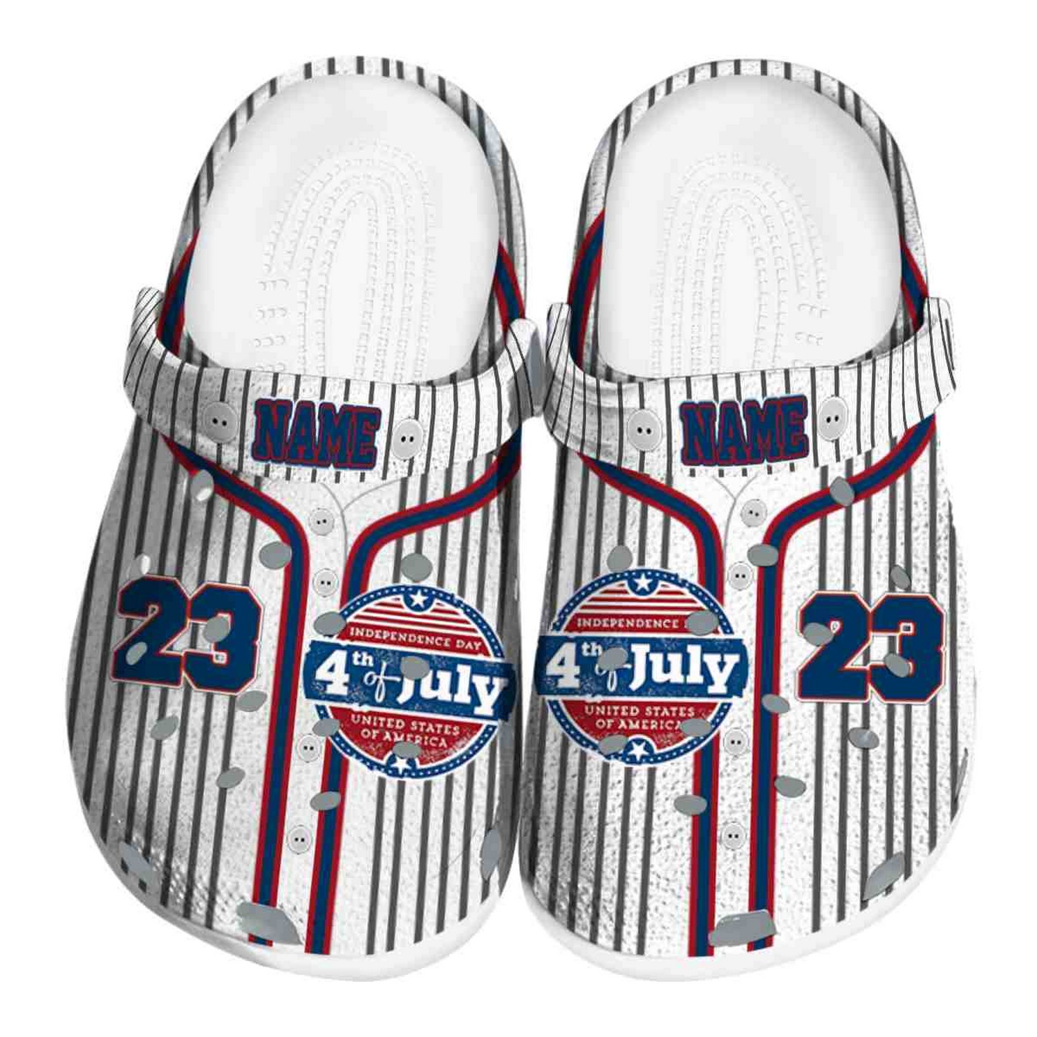 Custom Name Happy Independence Day Pinstripe Pattern Clogs For Kids And Adults