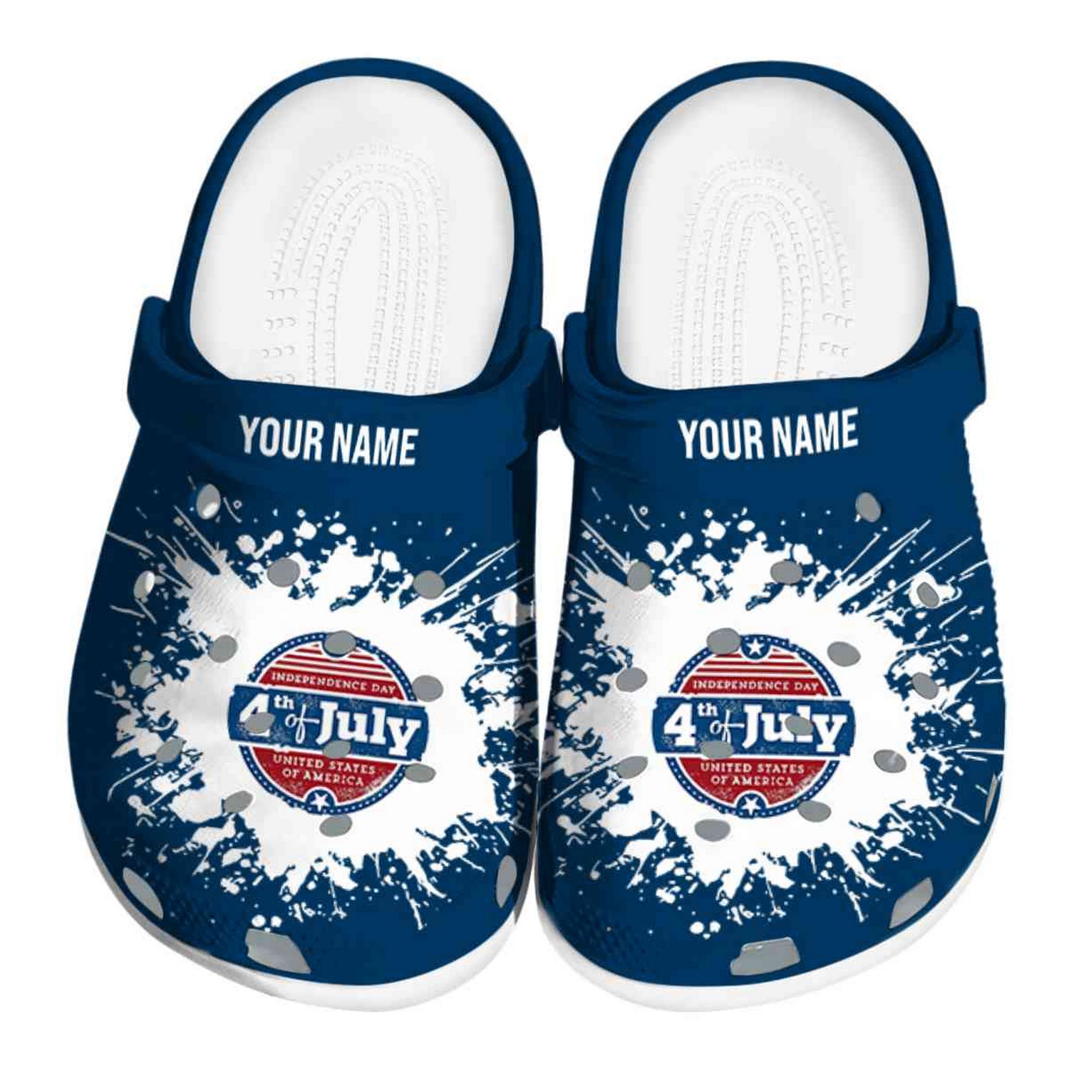 Custom Name Happy Independence Day Splatter Background Clogs For Kids & Adults