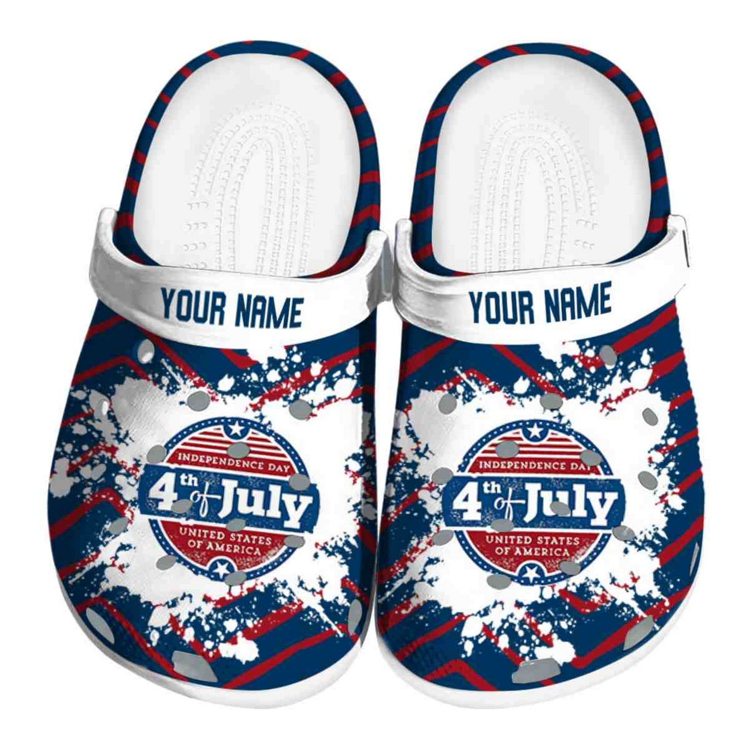 Custom Name Happy Independence Day Zigzag Paint Burst Clogs For Kids And Adults