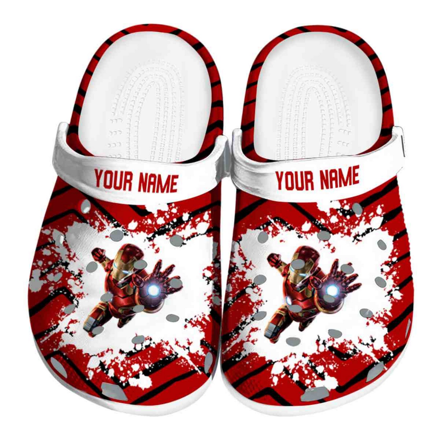 Custom Name Iron Man Zigzag Paint Burst Clogs For Kids & Adults