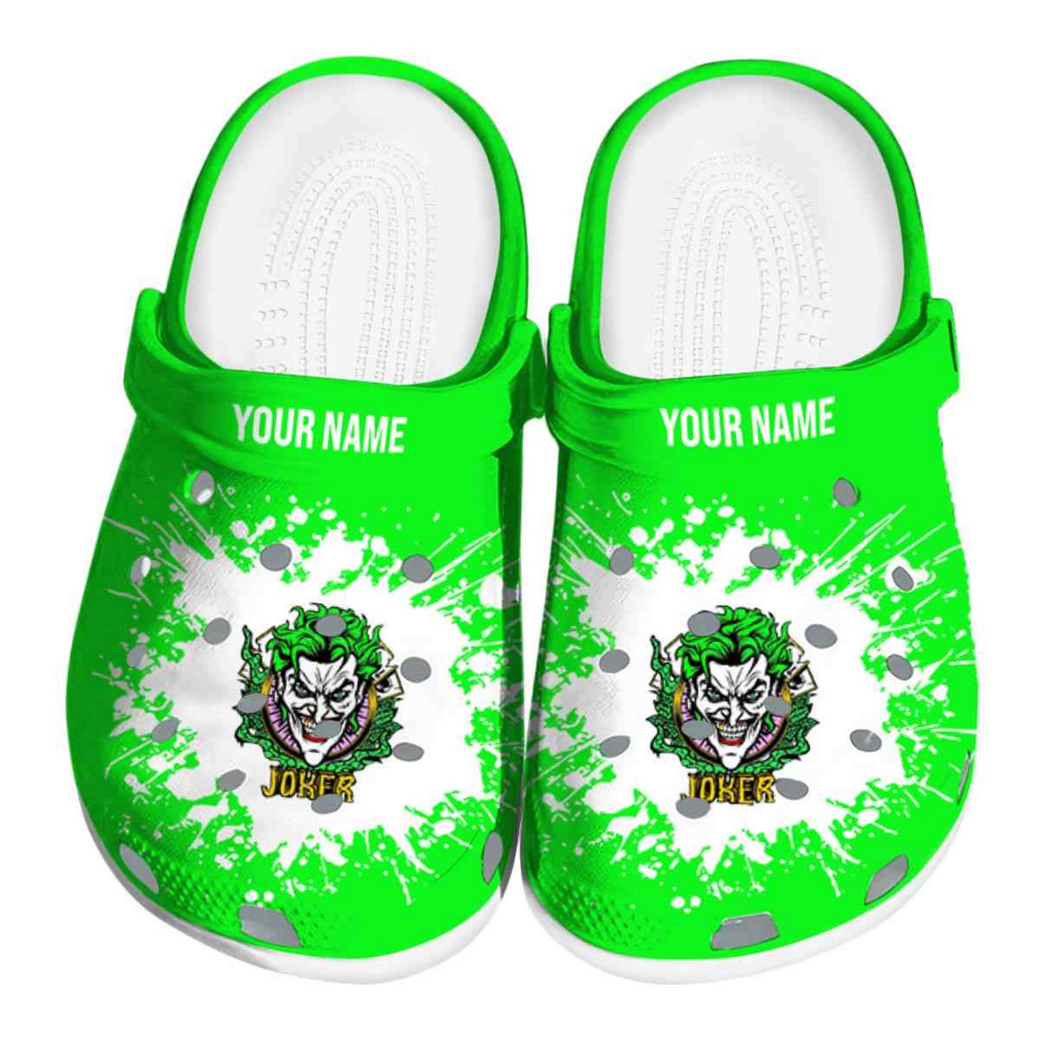 Custom Name Joker Splatter Background Clogs For Kids & Adults
