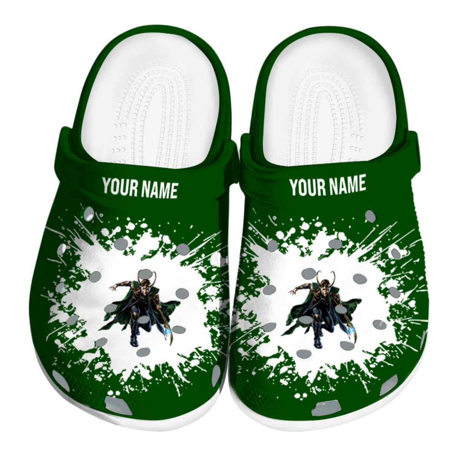 Custom Name Loki Splatter Background Clogs For Kids And Adults