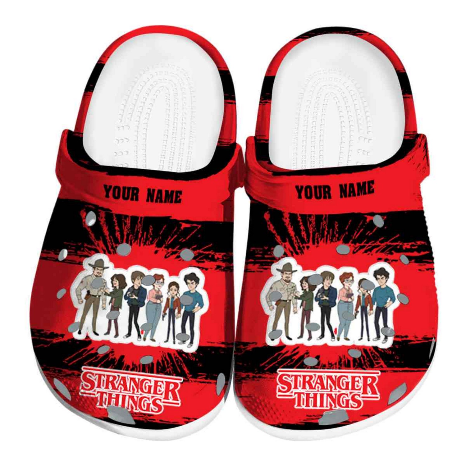 Custom Name Stranger Things Paint Splatter Graphics Clogs For Kids & Adults