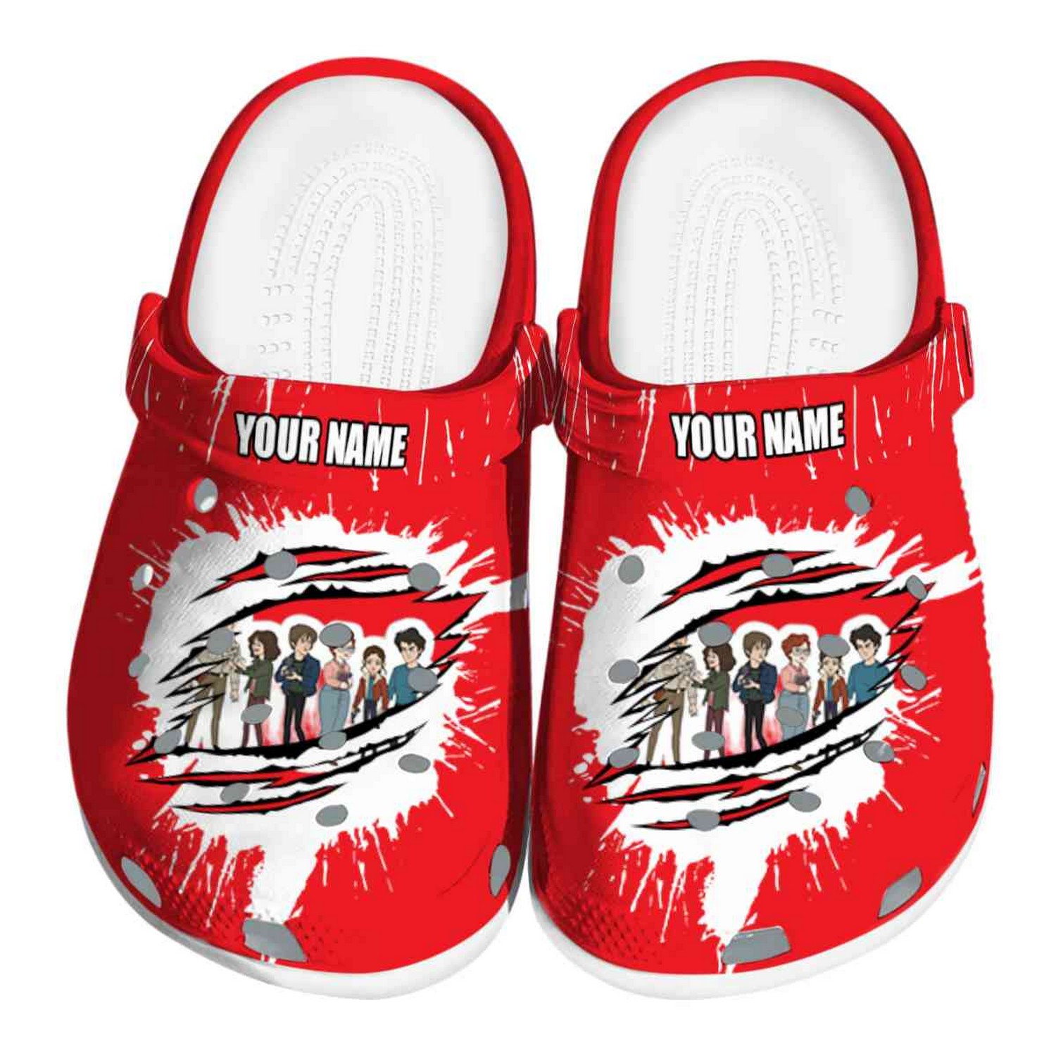 Custom Name Stranger Things Splash Motif Background Clogs For Kids & Adults