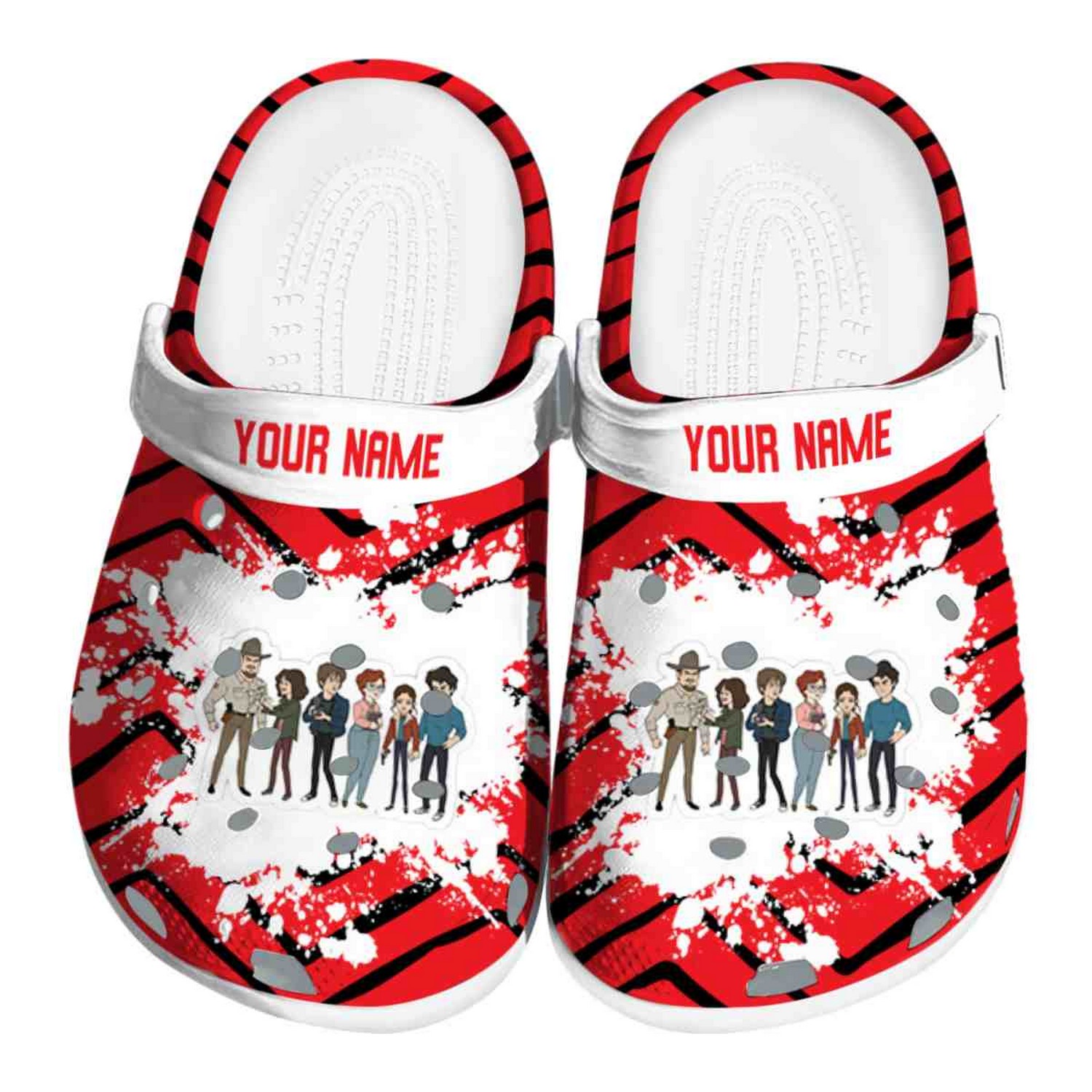Custom Name Stranger Things Zigzag Paint Burst Clogs For Kids And Adults