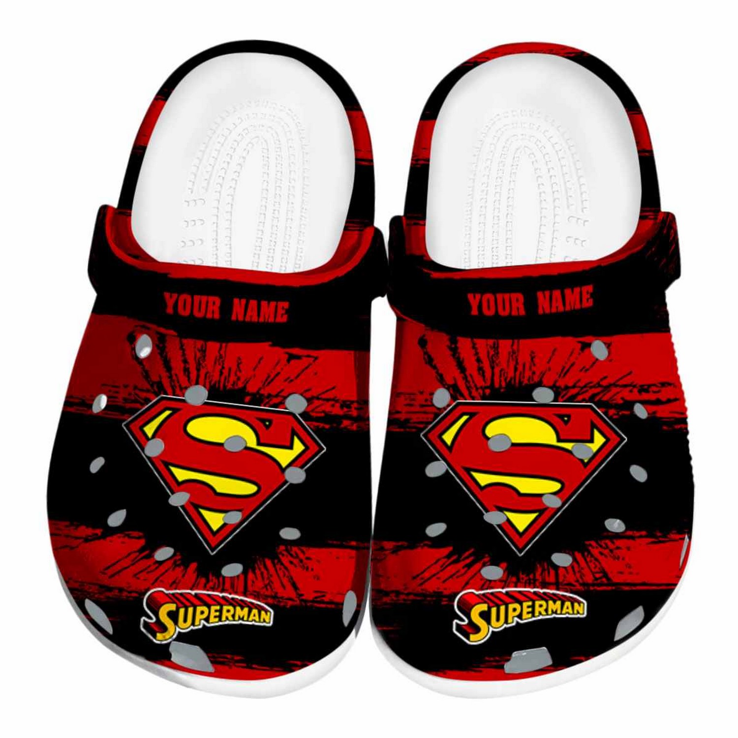 Custom Name Superman Paint Splatter Graphics Clogs For Kids & Adults