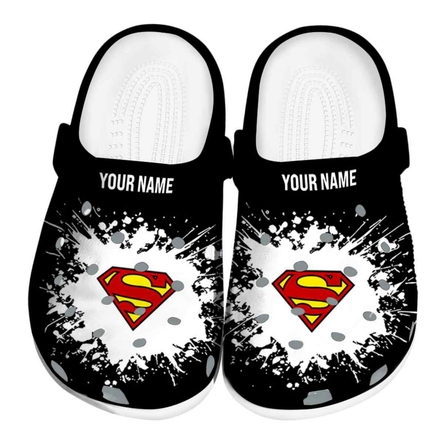 Custom Name Superman Splatter Background Clogs For Kids & Adults