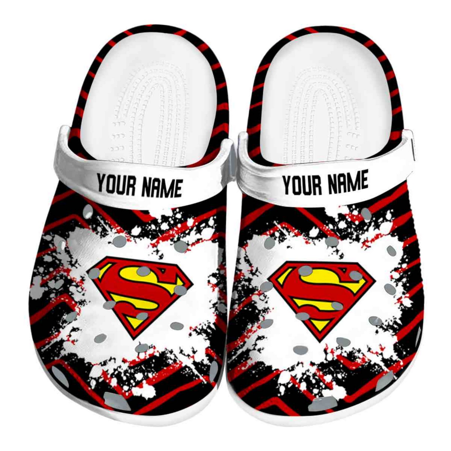 Custom Name Superman Zigzag Paint Burst Clogs For Kids & Adults