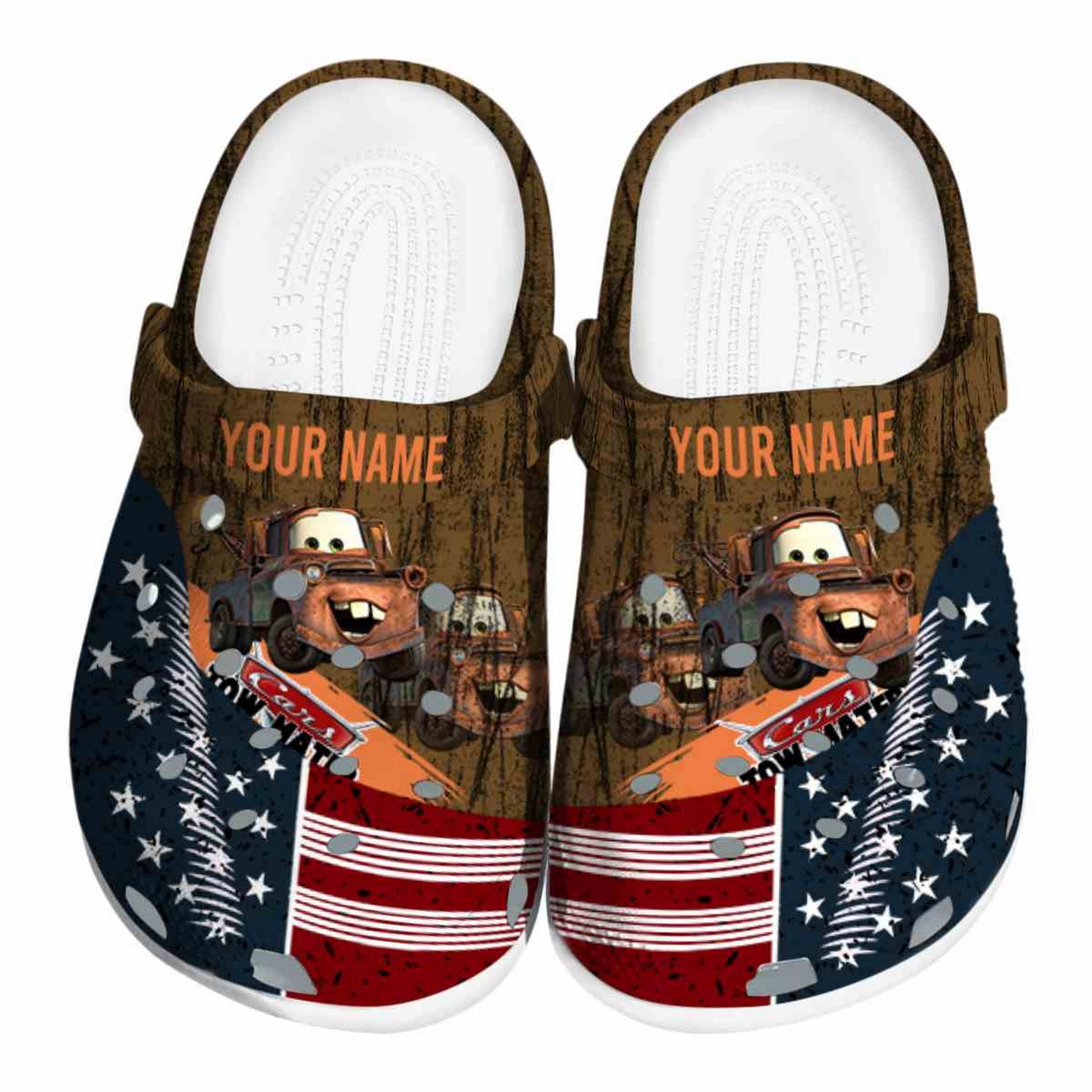 Custom Name Tow Mater Star-spangled Side Pattern Clogs For Kids And Adults