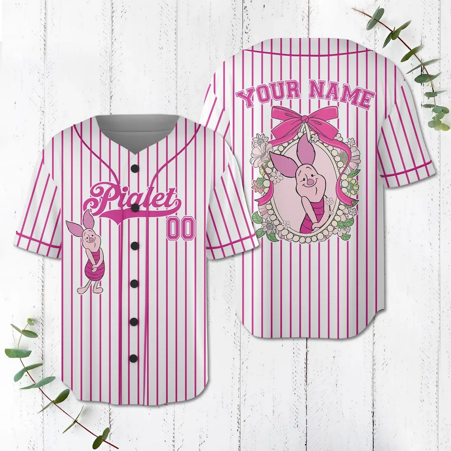 Custom Name And Number Coquette Bow Winnie The Pooh Piglet Baseball Jersey