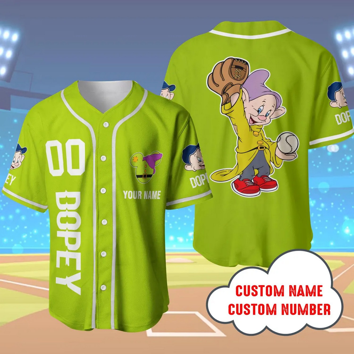 Custom Name And Number Dopey Dwarf Green Baseball Jersey