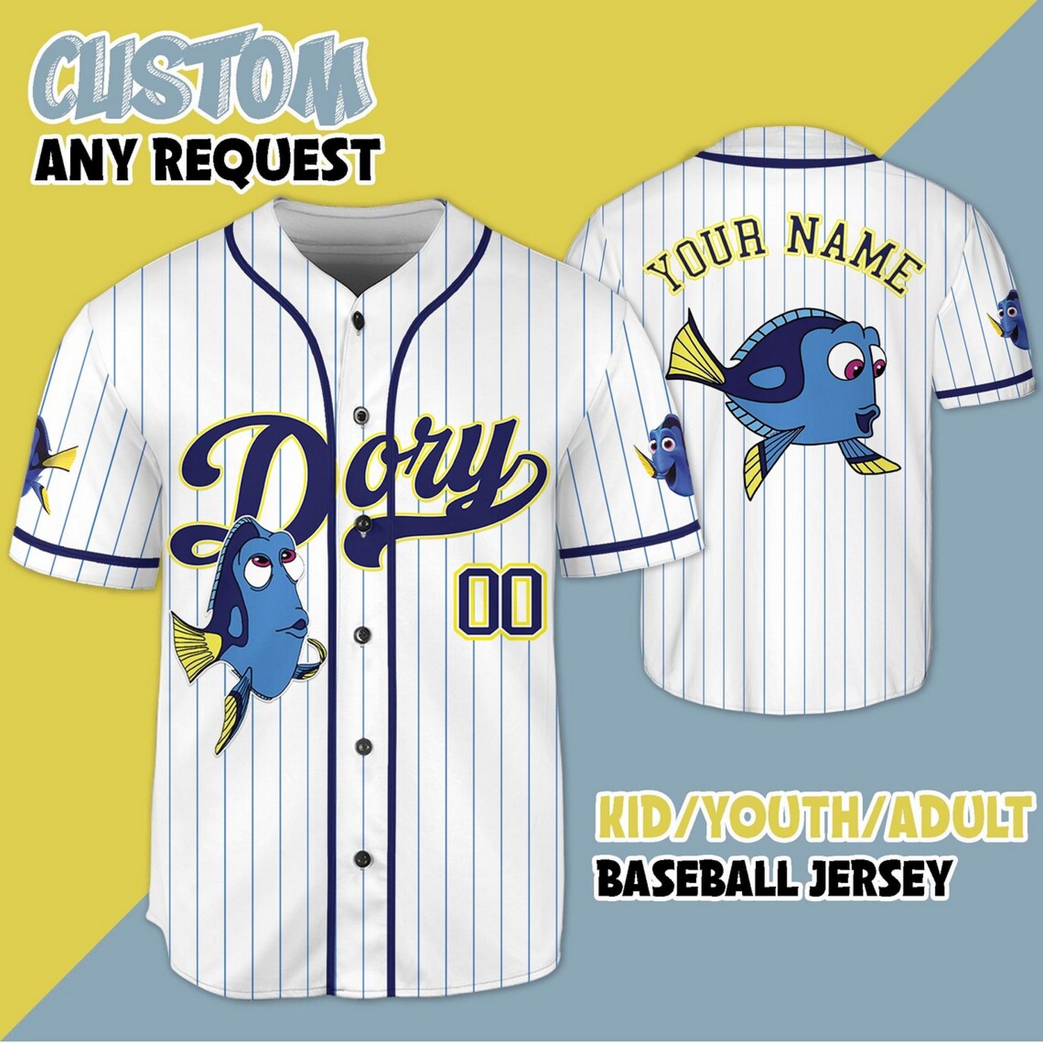 Custom Name And Number Finding Dory Strpied White Baseball Jersey