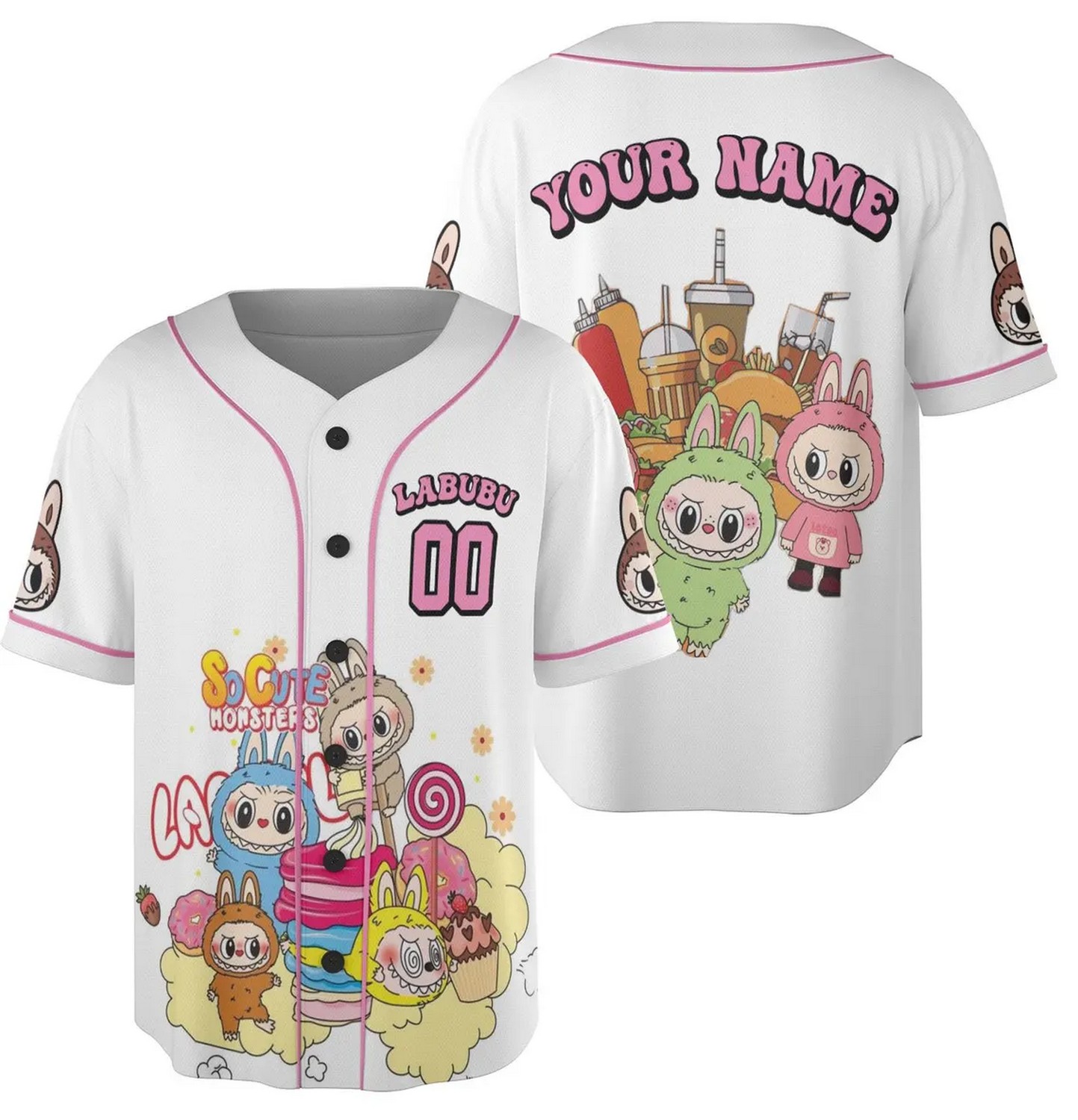 Custom Name And Number Labubu And Cake Milk Tea Simple White Baseball Jersey
