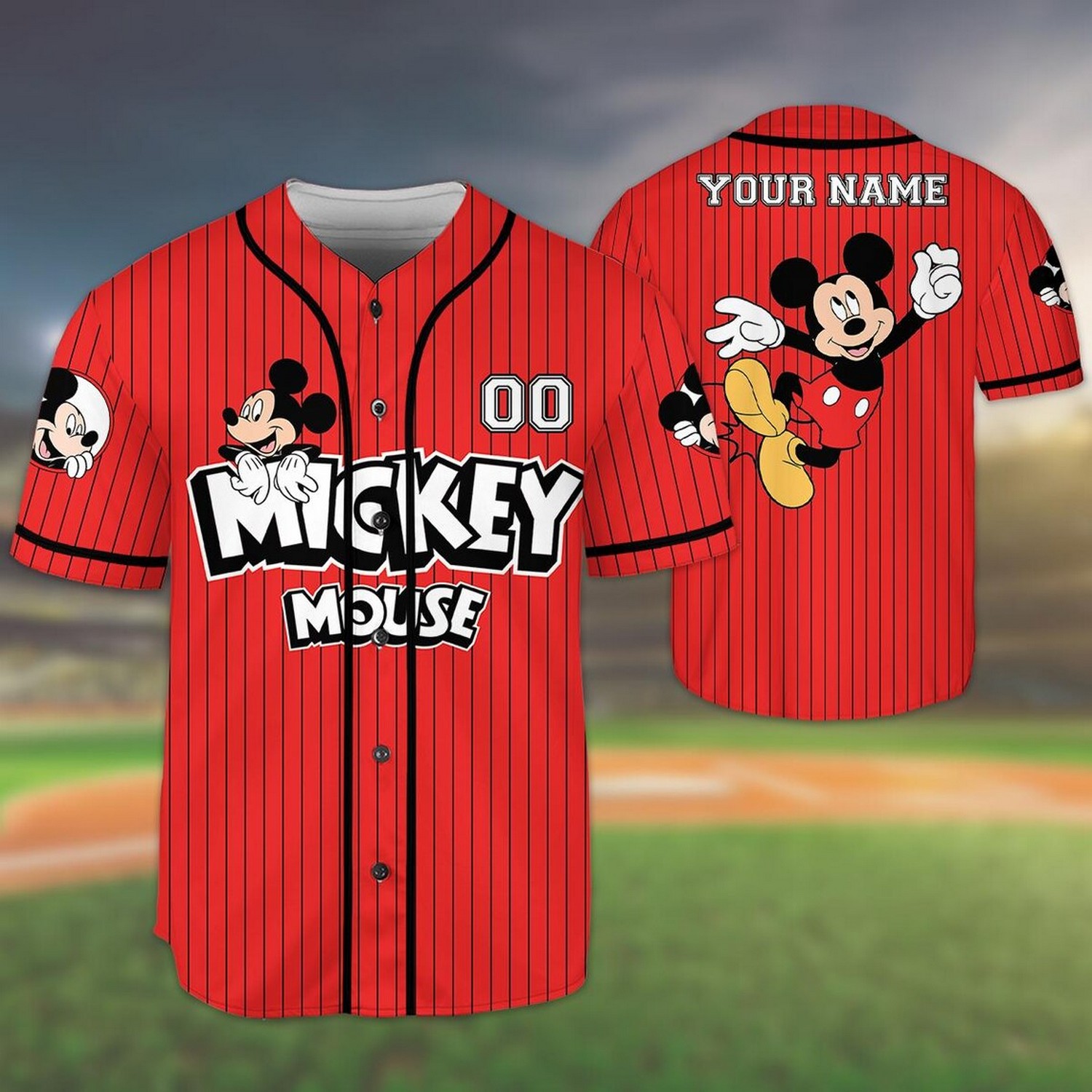 Custom Name And Number Mickey Mouse Stipes Red Baseball Jersey