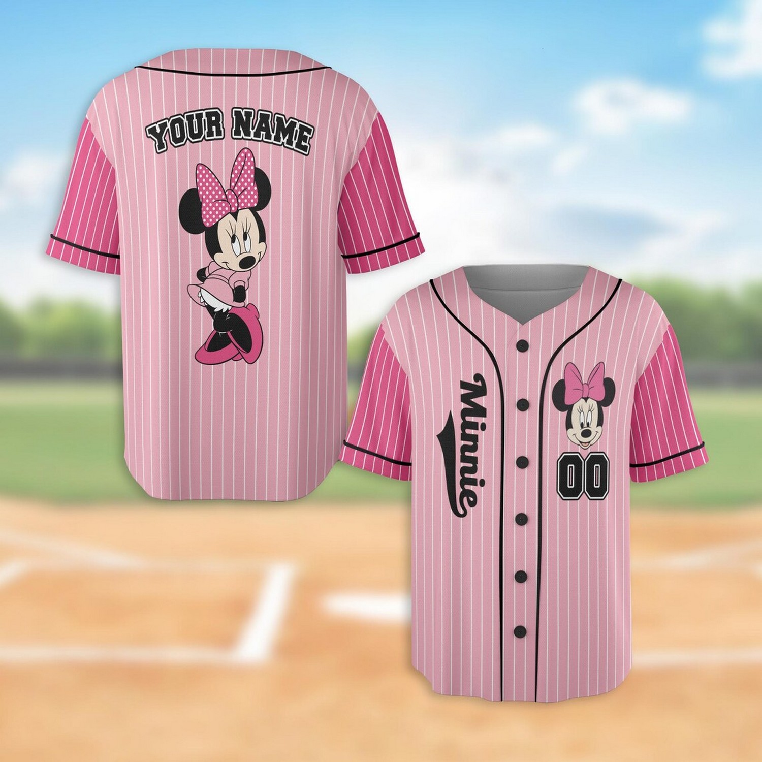 Custom Name And Number Minnie Mouse Pink Vertical Baseball Jersey