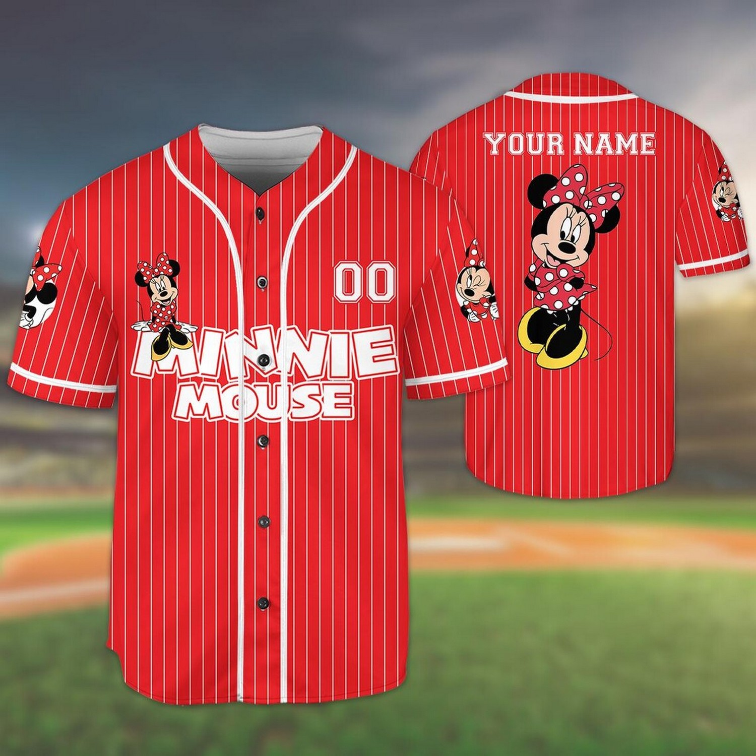 Custom Name And Number Minnie Mouse Stipes Red Baseball Jersey