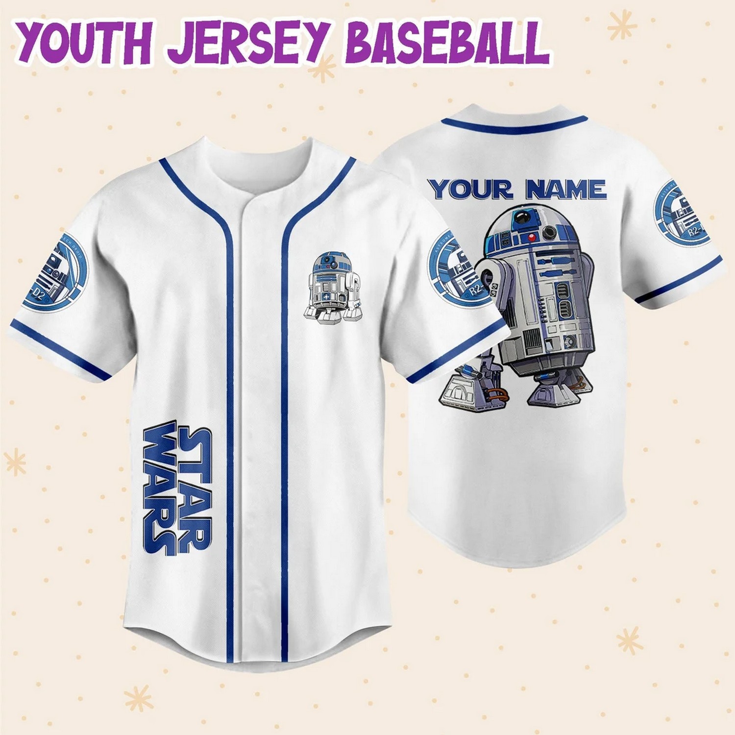 Custom Name And Number Star Wars Astromech Droid R2 D2 Simple White Baseball Jersey