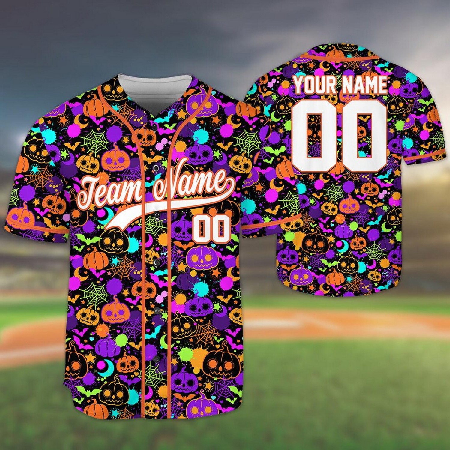 Custom Name And Number Tiny Colorful Neon Pumpkins Pattern Baseball Jersey
