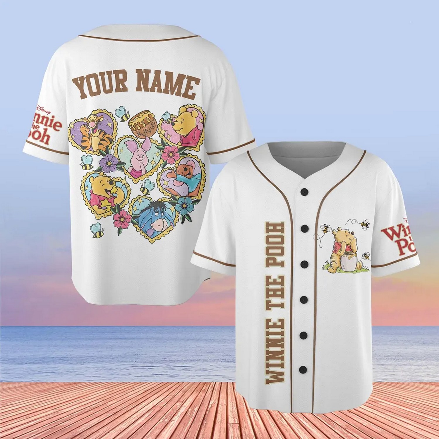 Custom Name And Number Winnie The Pooh Characters In Heart Baseball Jersey
