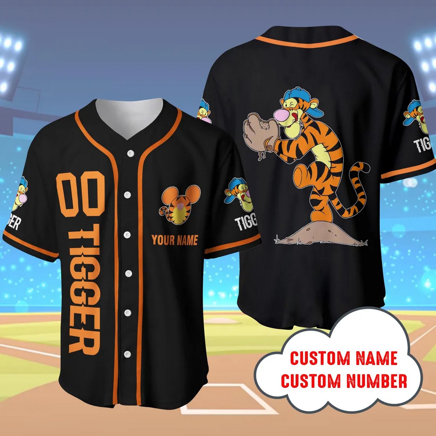 Custom Name And Number Winnie The Pooh Tigger Black Baseball Jersey