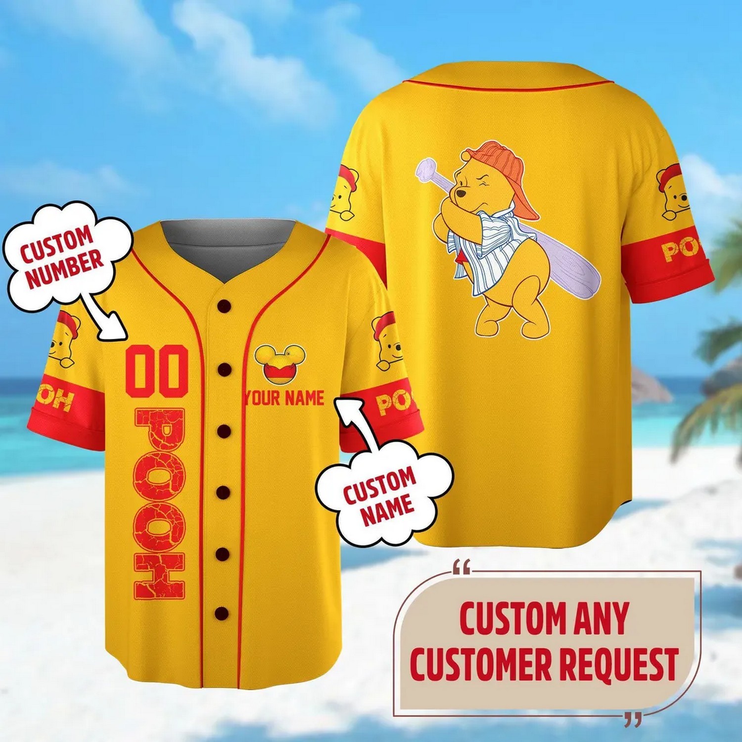 Custom Name And Number Winnie The Pooh Yellow Baseball Jersey