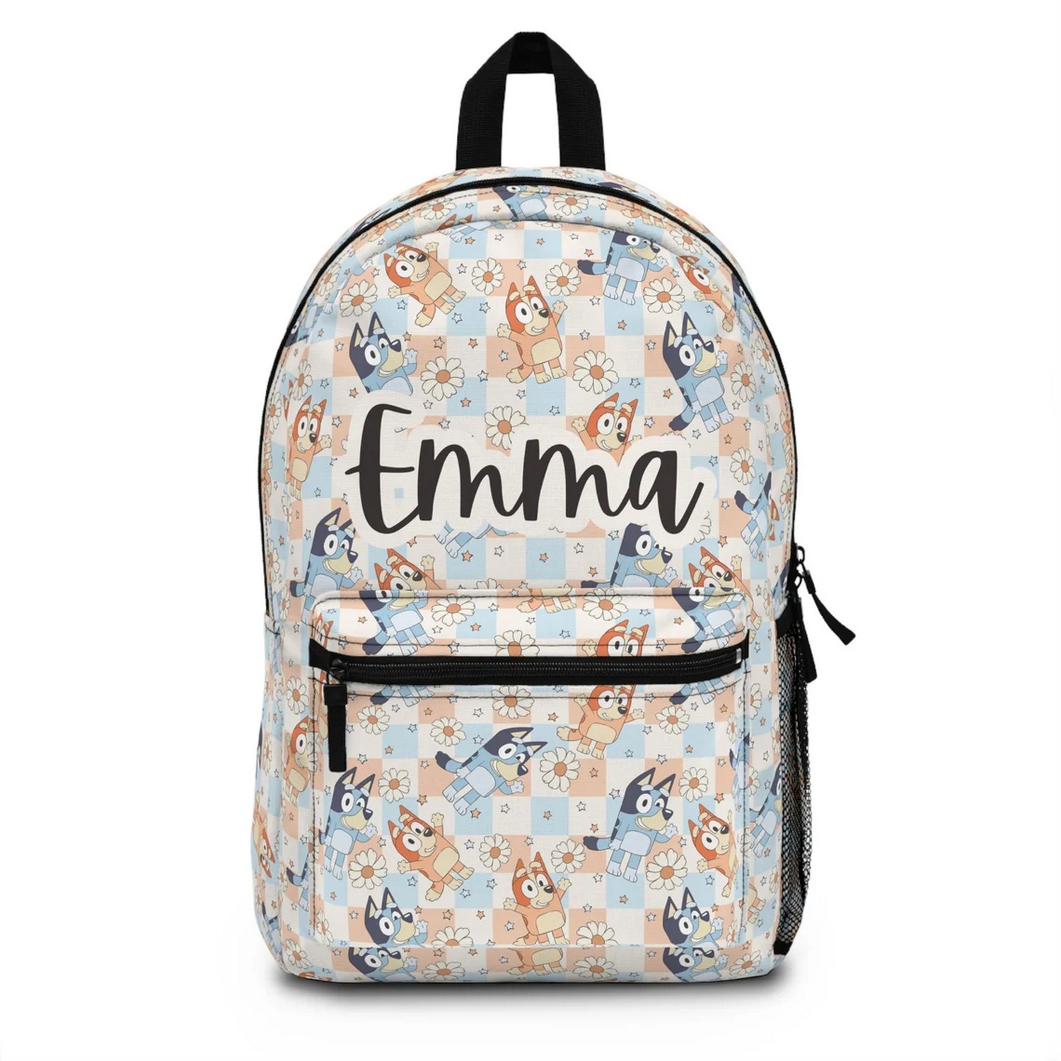 Custom Name Bluey And Flower Checkerboard Background Backpack
