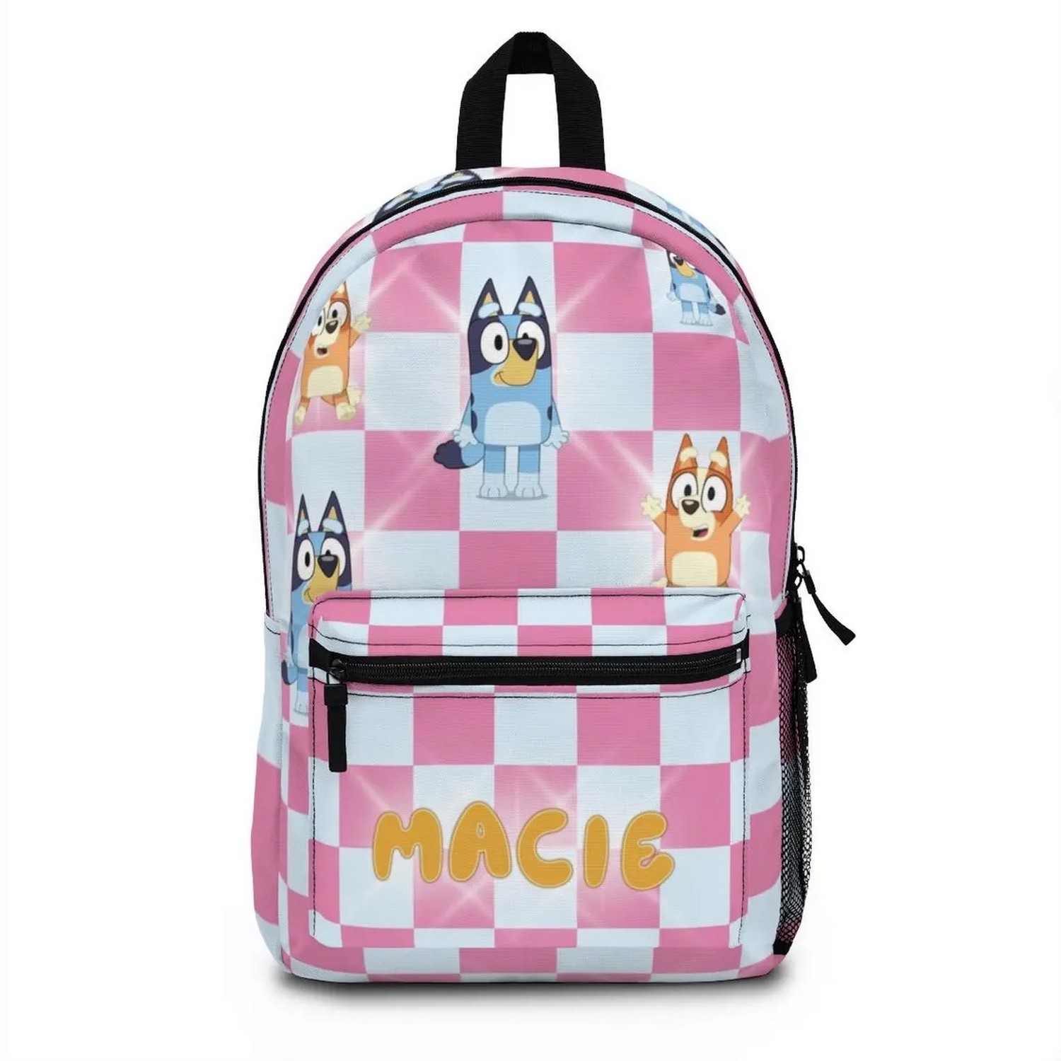 Custom Name Bluey Back To School Bingo Pink Checkerboad Background Backpack