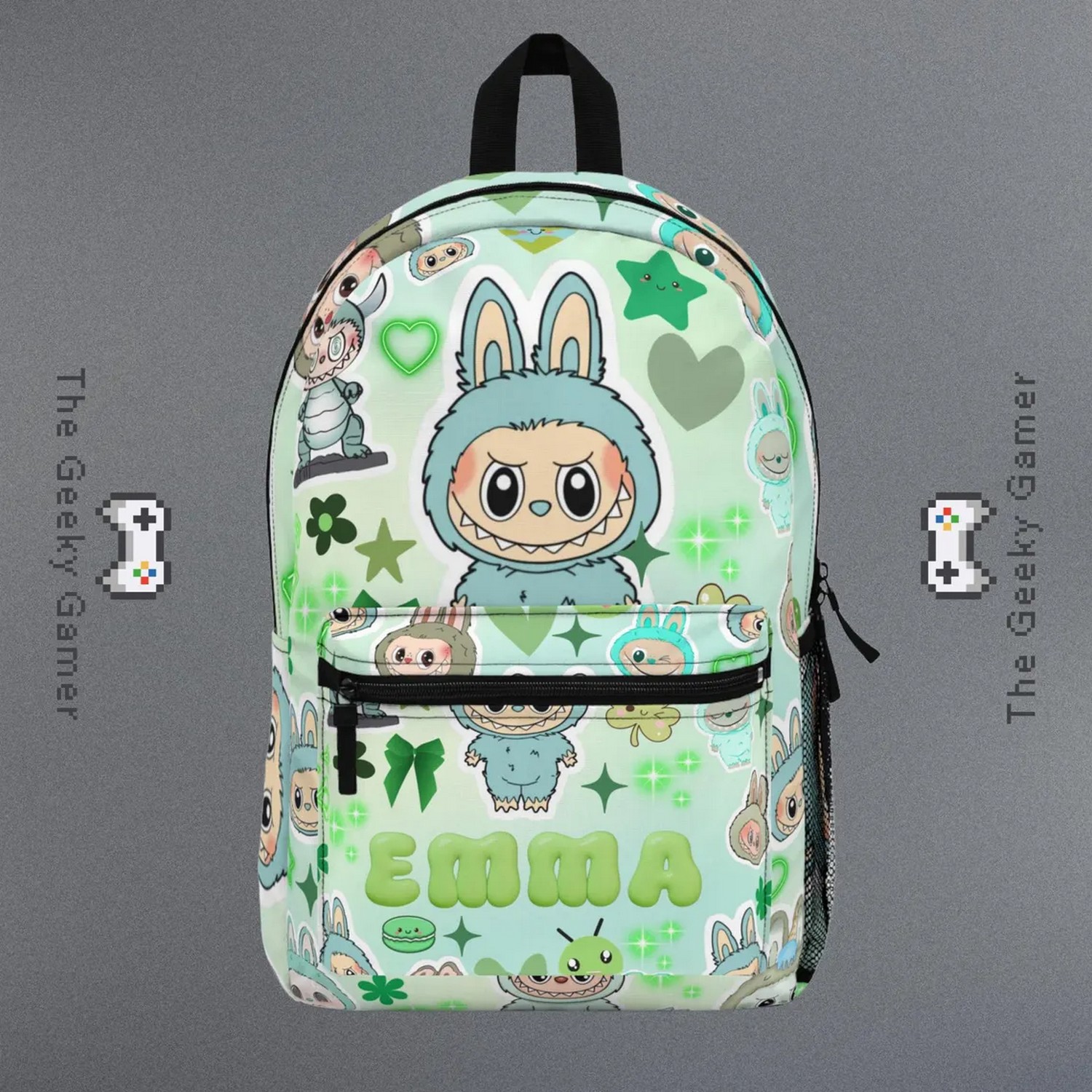Custom Name Cute Monster Labubu Green Backpack
