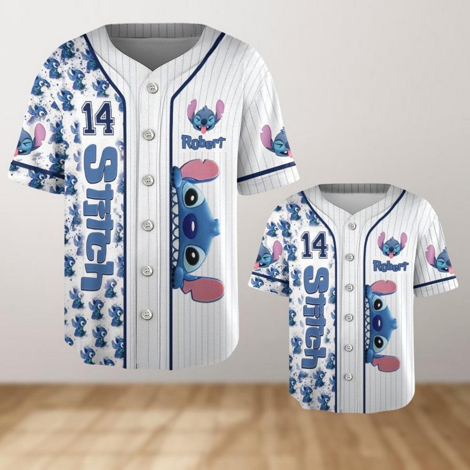 Custom Name Disney Stitch And Tiny Pattern Baseball Jersey