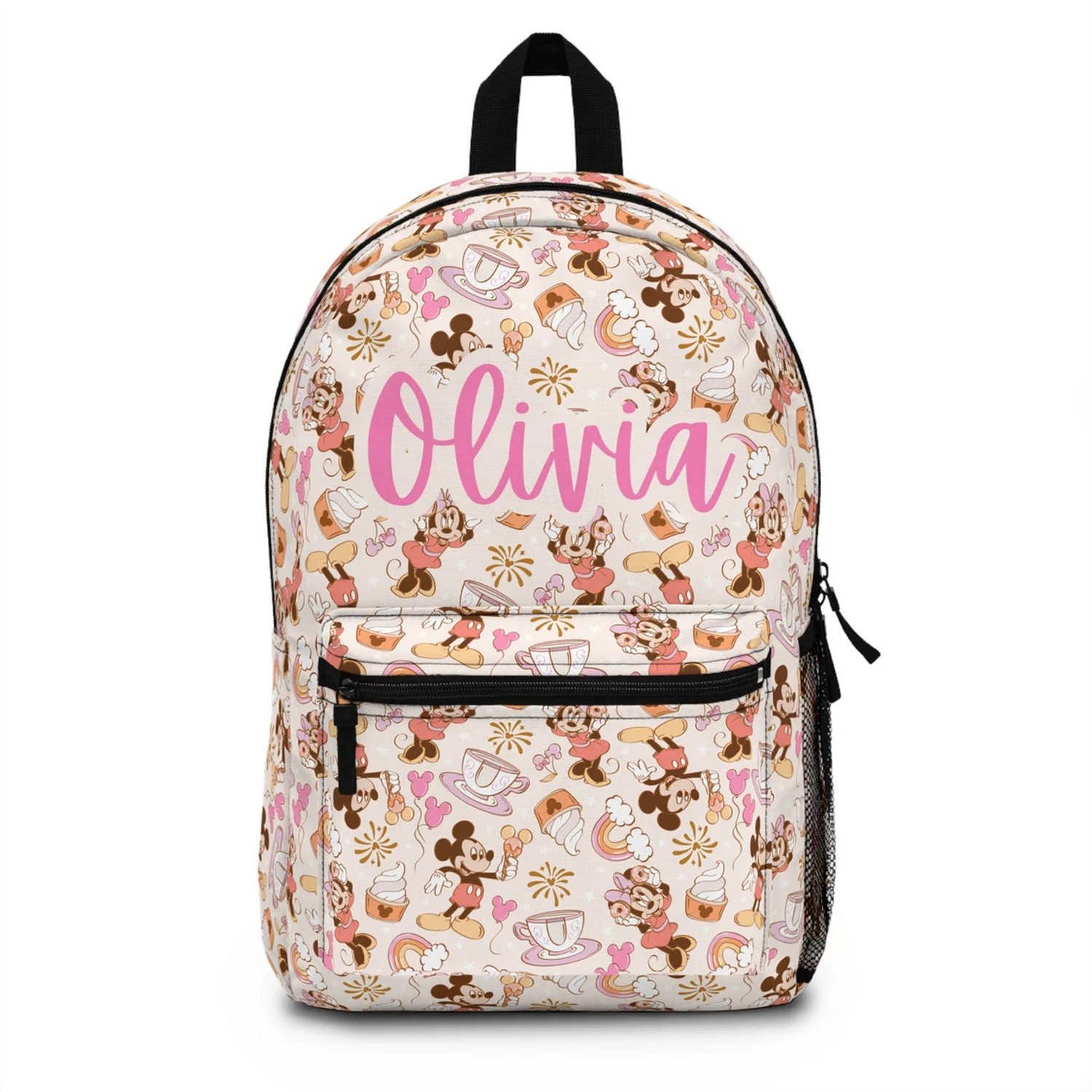 Custom Name Mickey And Minnie And Ice Cream Coffee Pattern Backpack