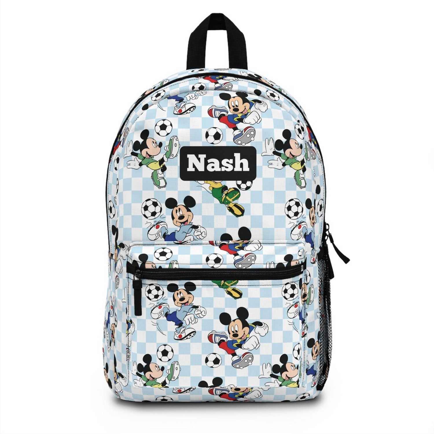Custom Name Mickey Soccer Blue Checkerboard Pattern Backpack