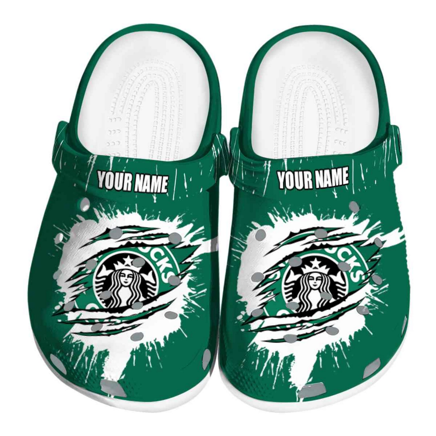 Custom Name Starbucks Splash Motif Background Clogs For Kids And Adults