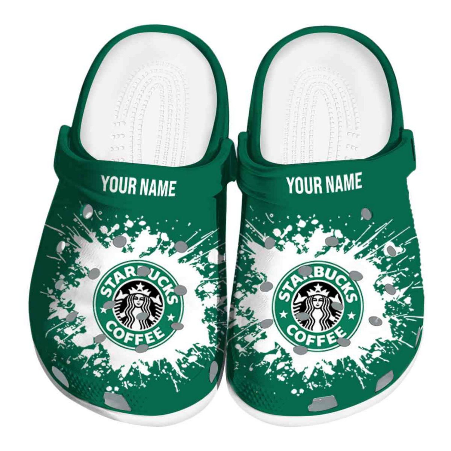 Custom Name Starbucks Splatter Background Clogs For Kids & Adults