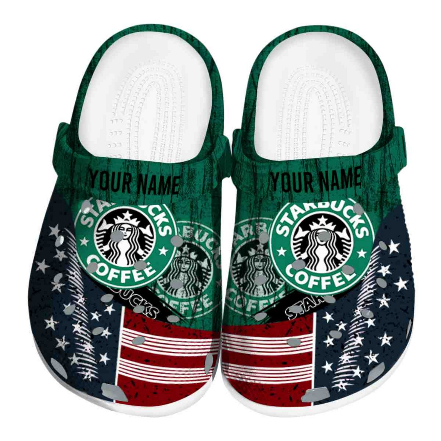 Custom Name Starbucks Star Spangled Side Pattern Clogs For Kids & Adults