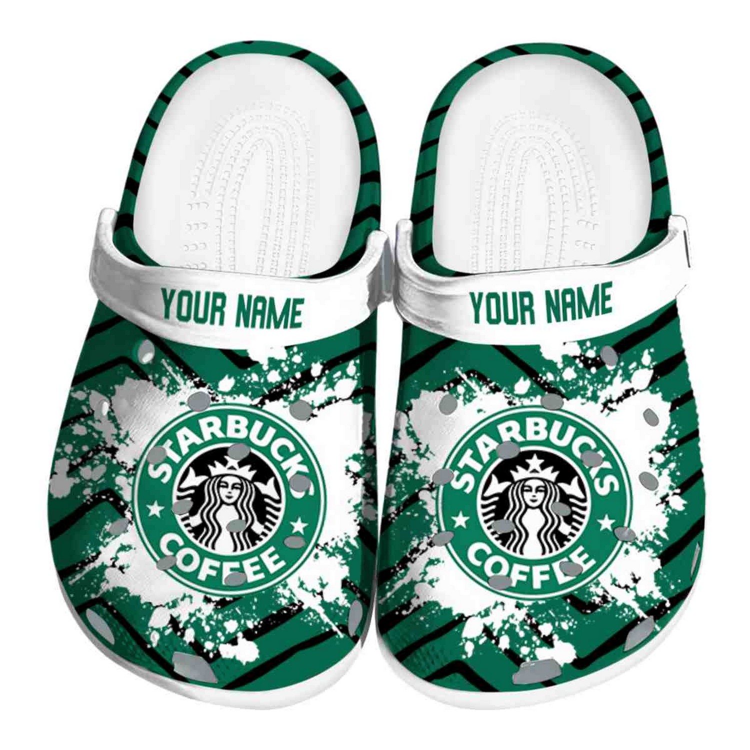 Custom Name Starbucks Zigzag Paint Burst Clogs For Kids & Adults