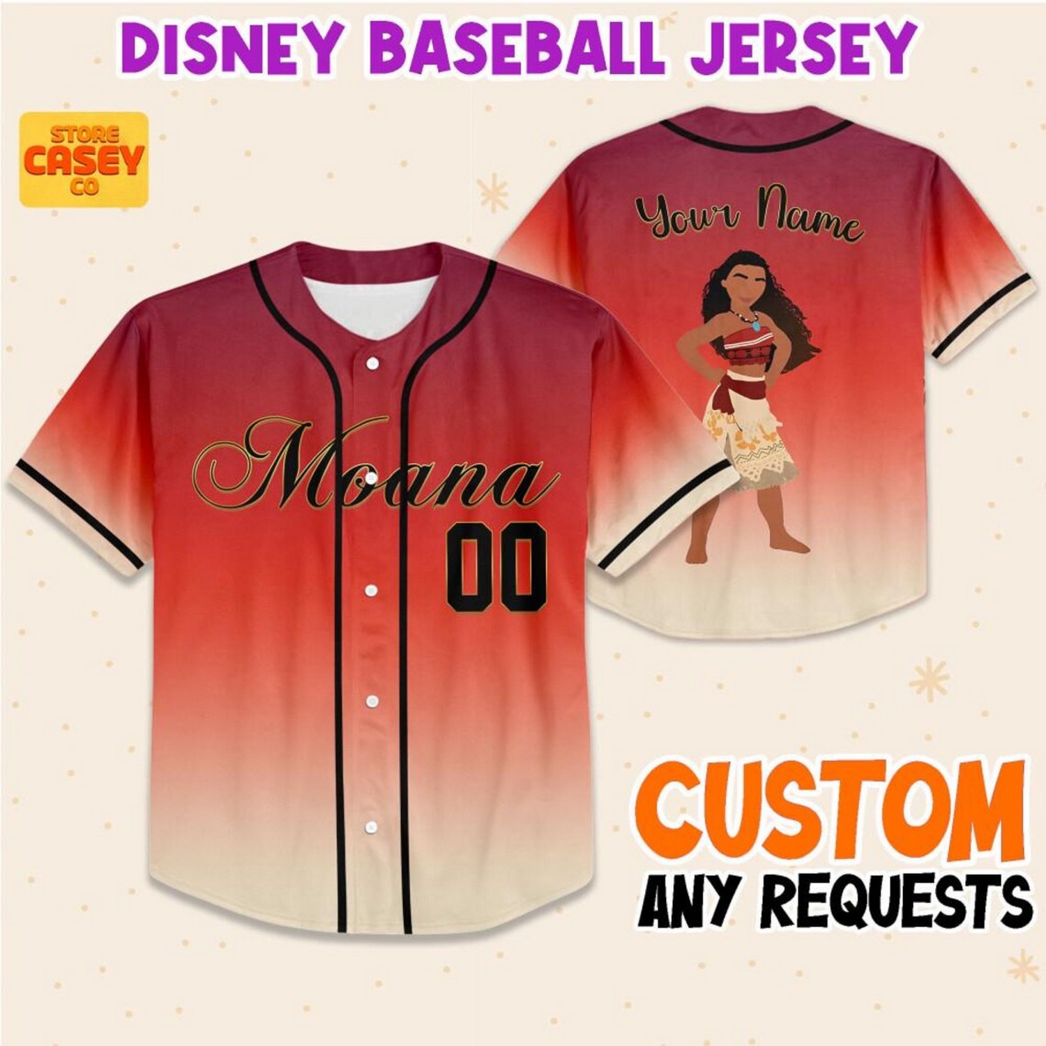 Custom Name And Numbe Ombre Gradient Princess Moana Baseball Jersey