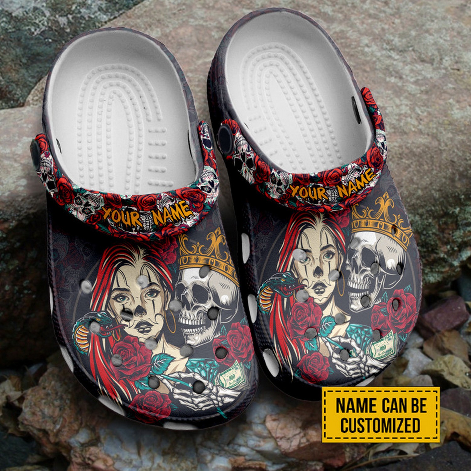 Custom Name Couple Skull And Rose Art Halloween Clogs For Kids & Adults
