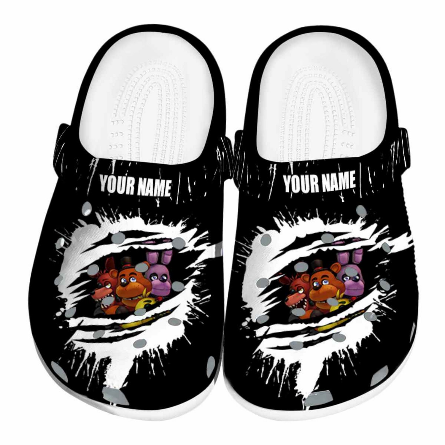 Custom Name Five Nights At Freddy Splash Motif Background Clogs For Kids & Adults