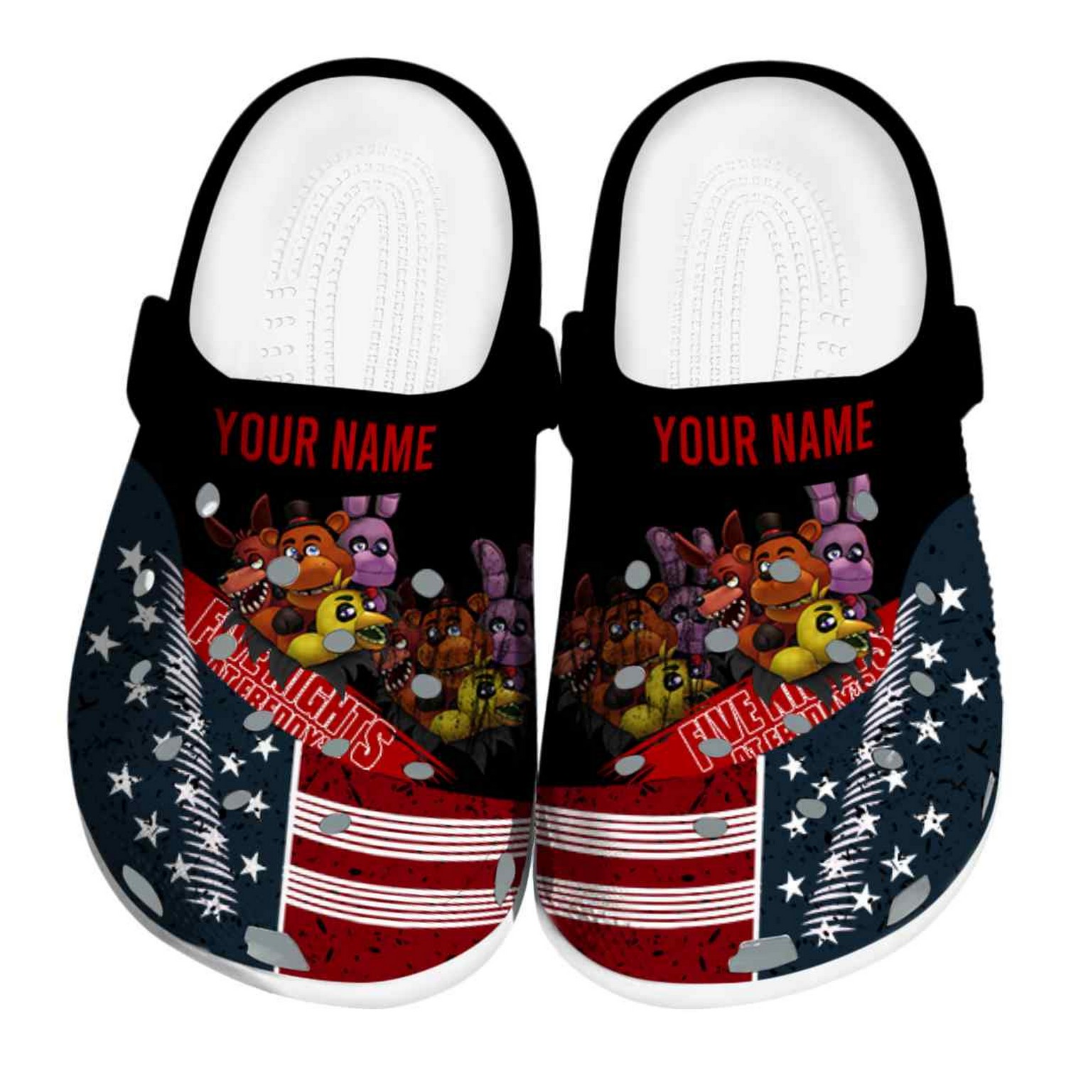 Custom Name Five Nights At Freddy Star Spangled Side Pattern Clogs For Kids & Adults
