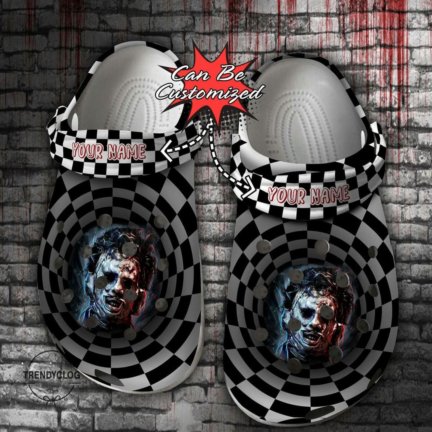 Custom Name Halloween Scary Leatherface Checkered Tunnel Clogs For Kids & Adults