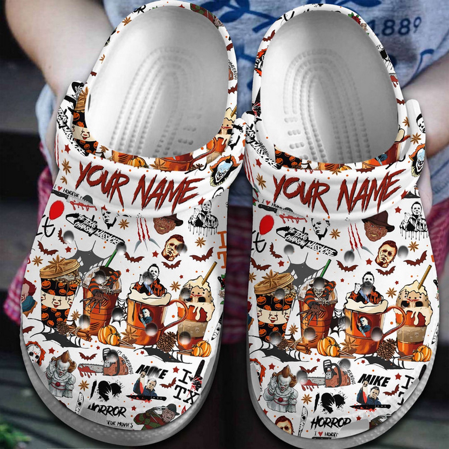 Custom Name Horror Characters Drink Happy Halloween White Clogs For Kids & Adults