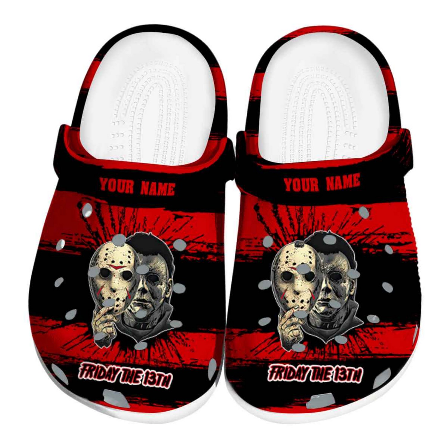 Custom Name Jason Voorhees Paint Splatter Graphics Clogs For Kids And Adults
