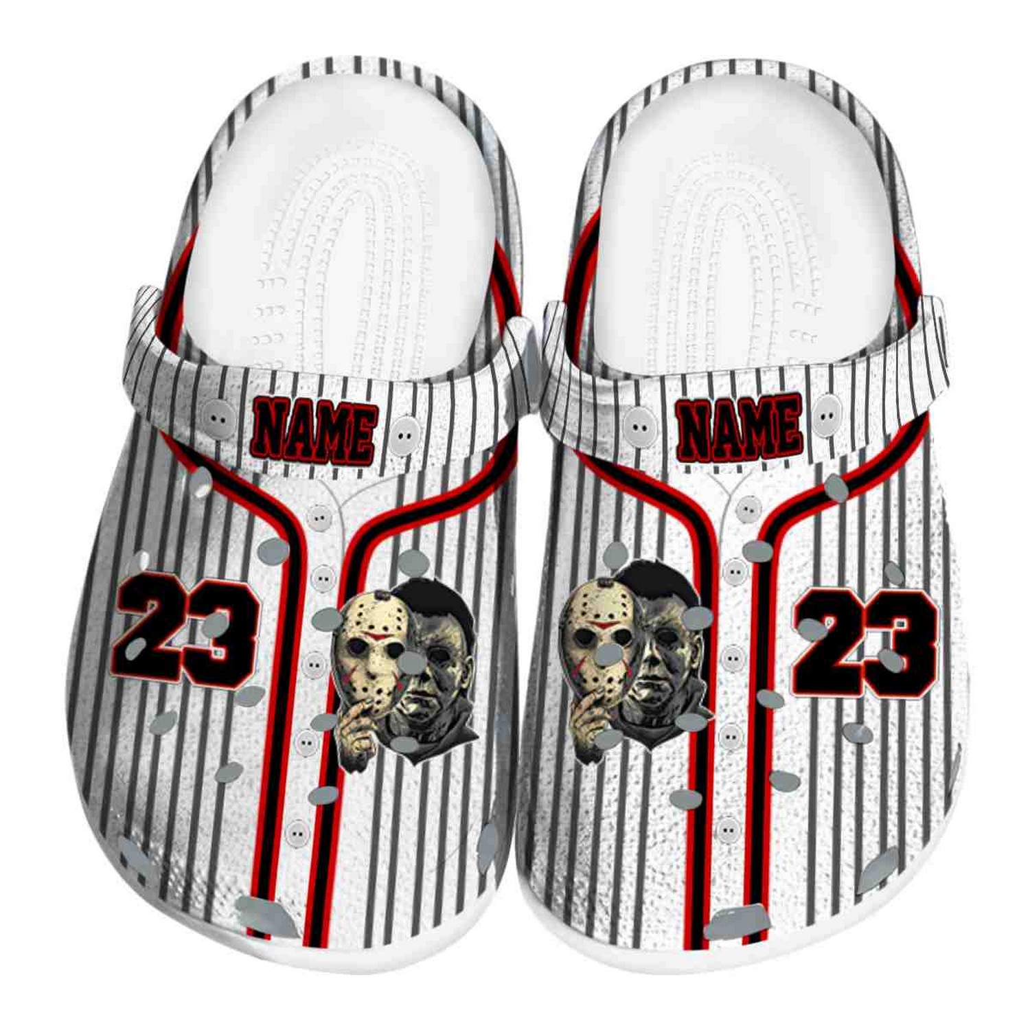 Custom Name Jason Voorhees Pinstripe Pattern Clogs For Kids & Adults