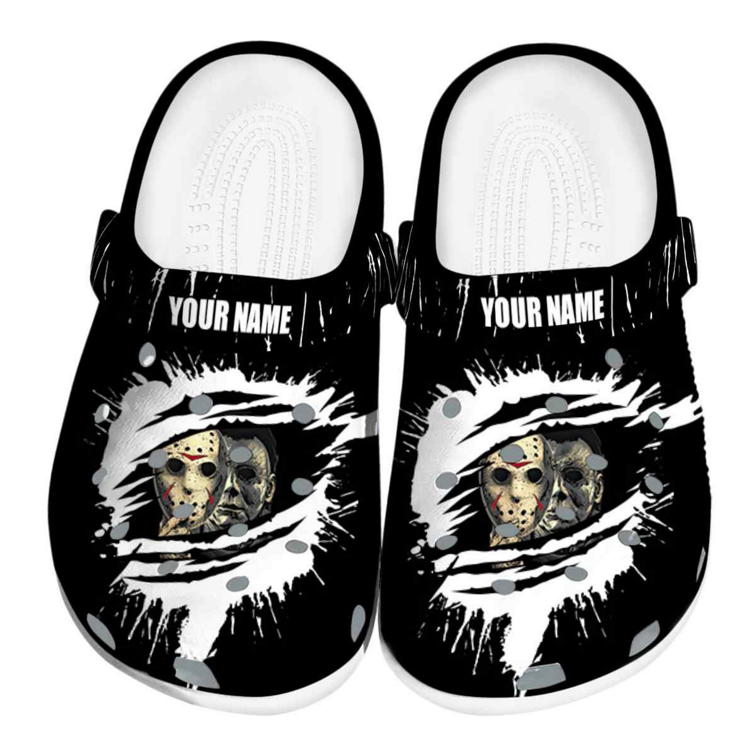 Custom Name Jason Voorhees Splash Motif Background Clogs For Kids And Adults