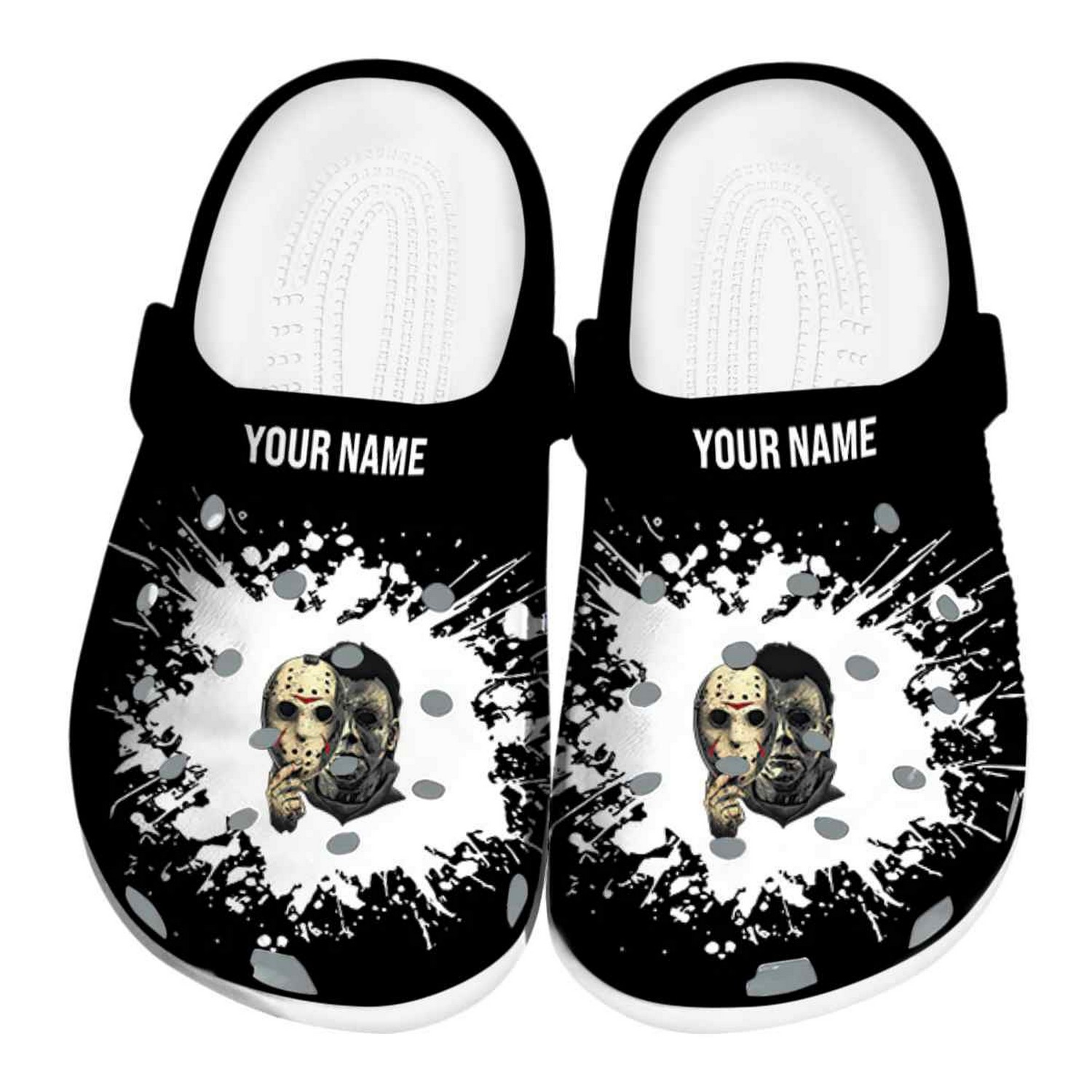 Custom Name Jason Voorhees Splatter Background Clogs For Kids And Adults